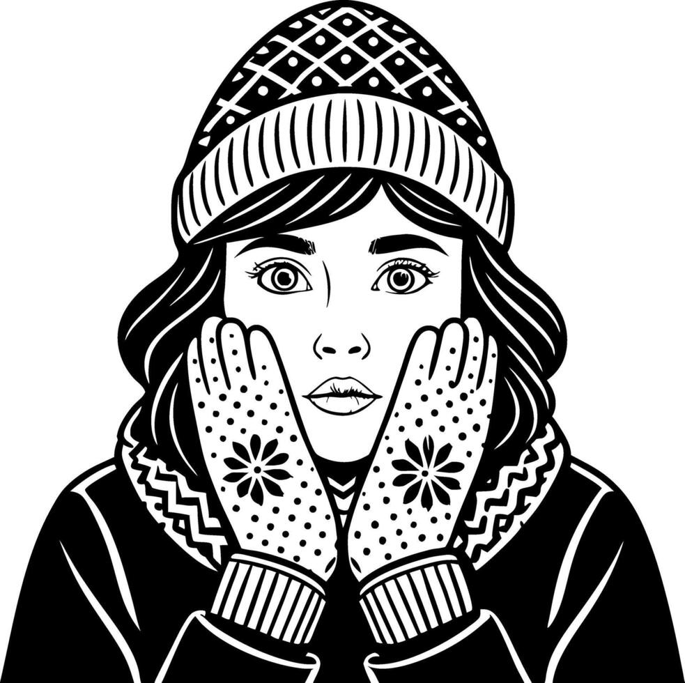 Stylish Woman in Warm Winter Apparel Expressing Surprise with Patterned Gloves and Hat vector