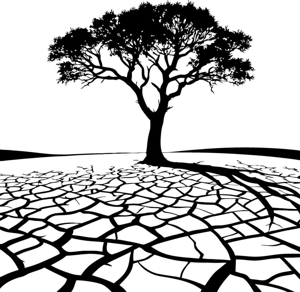 Lonely Tree Silhouette on Cracked Ground Symbolizing Drought and Resilience vector