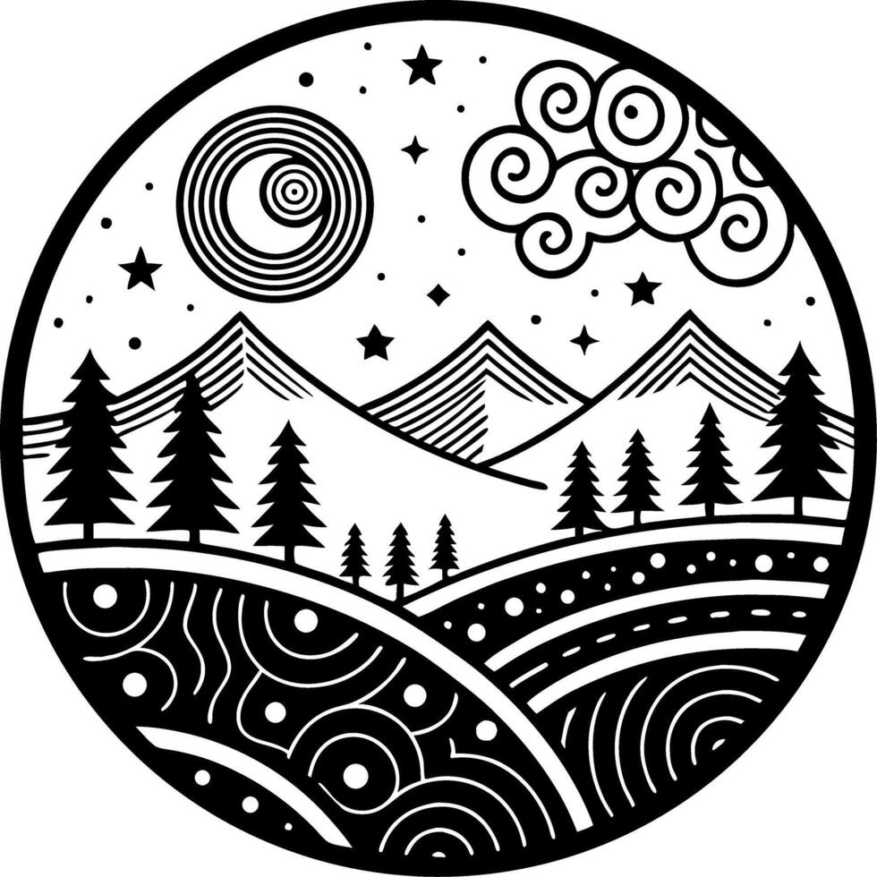 Mountain Landscape with Trees and Stars Circular Design for Coloring and Creative Projects vector