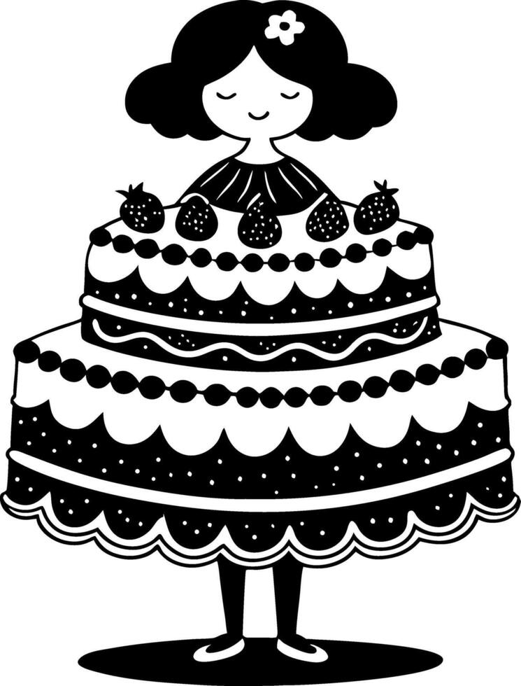 Playful Girl in Cake Dress with Fruit Toppers Ideal for Coloring and Craft Projects vector