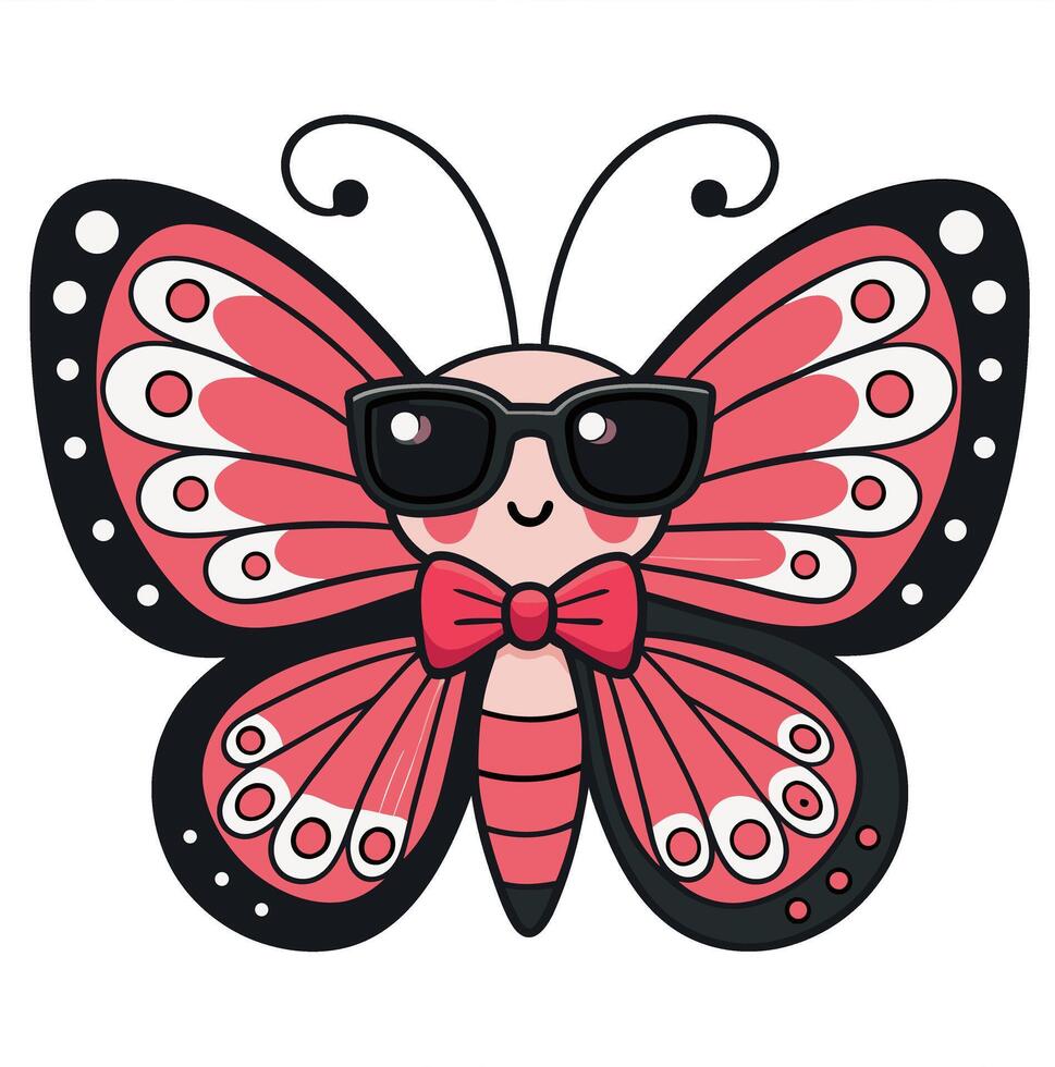 Cute Cartoon Butterfly with Sunglasses and Bowtie Fun Design for Kids Crafts and Apparel vector