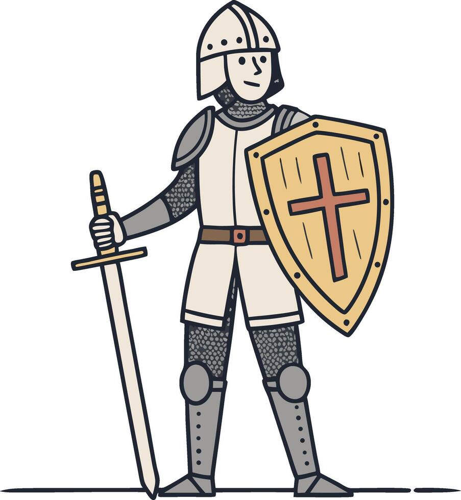 Knight in Armor Holding Sword and Shield with Cross Symbol Illustration vector