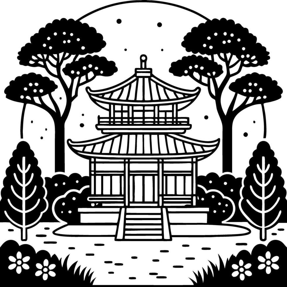 Traditional Asian Temple Surrounded by Lush Trees and Flowering Plants for Artwork Design vector