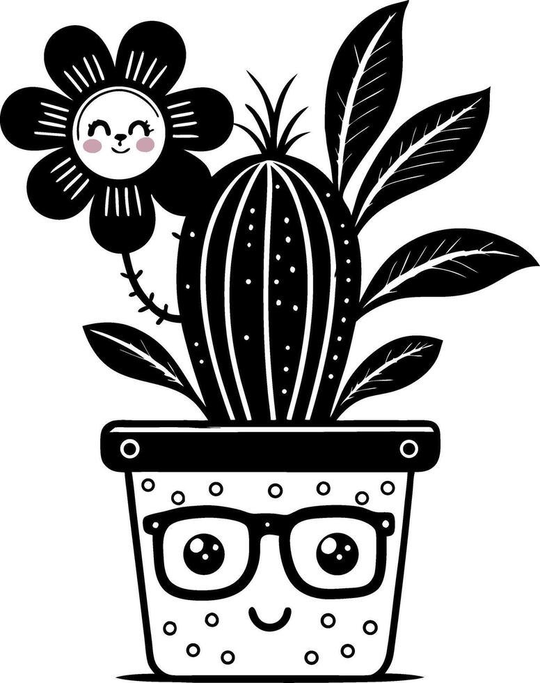 Cute Cactus with Flower and Glasses Character Design for Kids Coloring Books and Decor vector