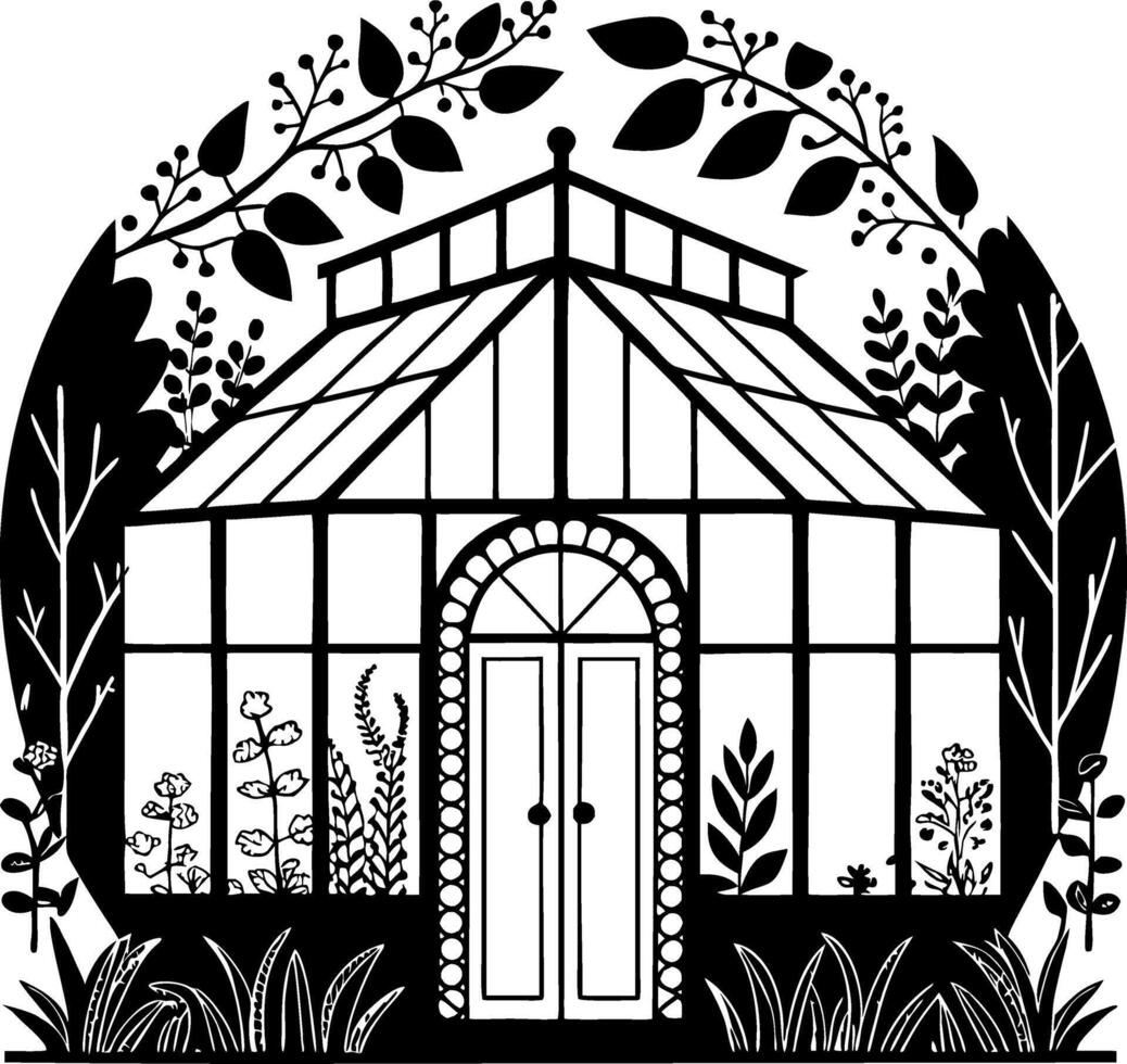 Charming Greenhouse Surrounded by Lush Plants and Nature for Gardening Enthusiasts vector