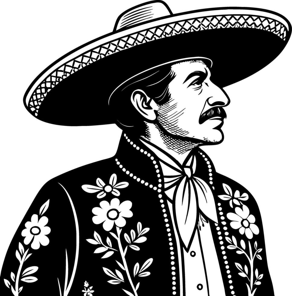 Detailed Illustration of a Traditional Mexican Man in Sombrero and Embroidered Outfit vector