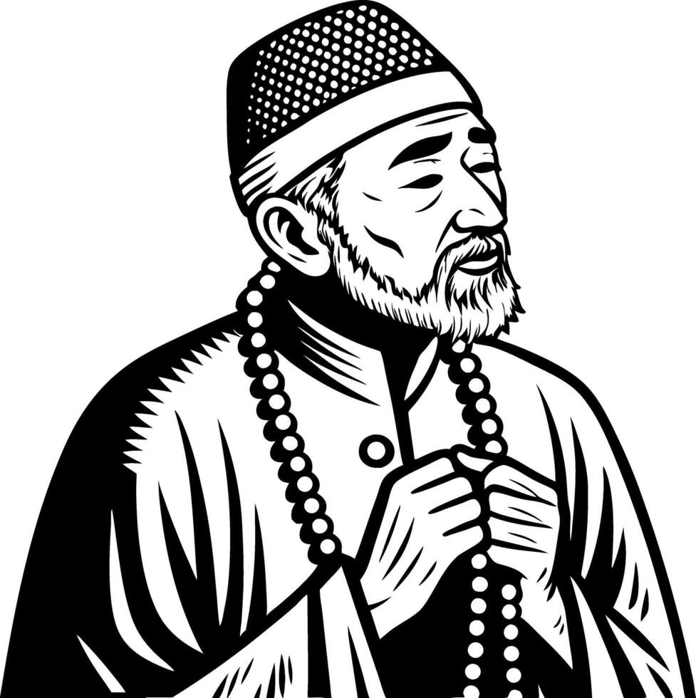 Serene Elderly Man in Traditional Attire with Prayer Beads Art for Spiritual Designs vector