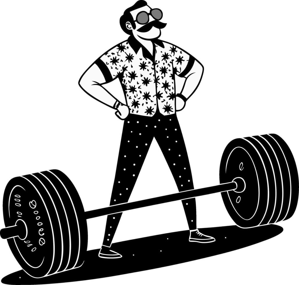 Funny Strongman Lifting Barbell Illustration with Stylish Floral Shirt in Retro Design vector