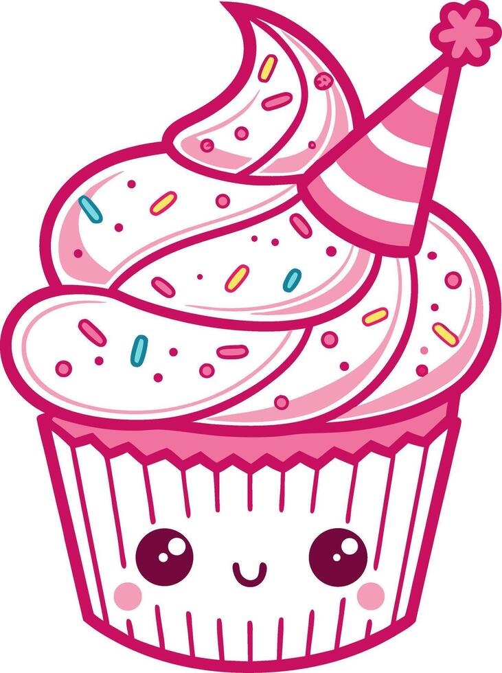 Cute Cartoon Cupcake with Sprinkles and Party Hat Fun Design for Kids Celebrations vector