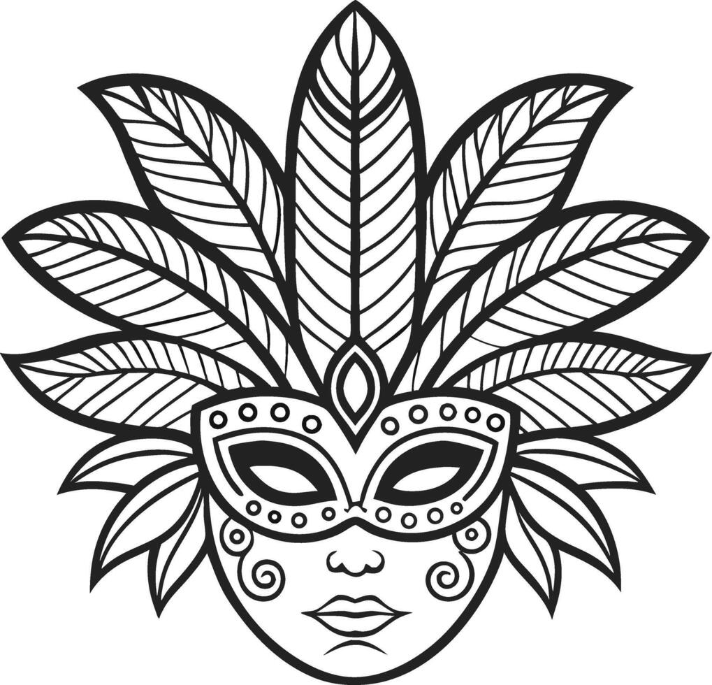Elegant Carnival Mask with Intricate Feather Design for Tattoo and Coloring Pages vector