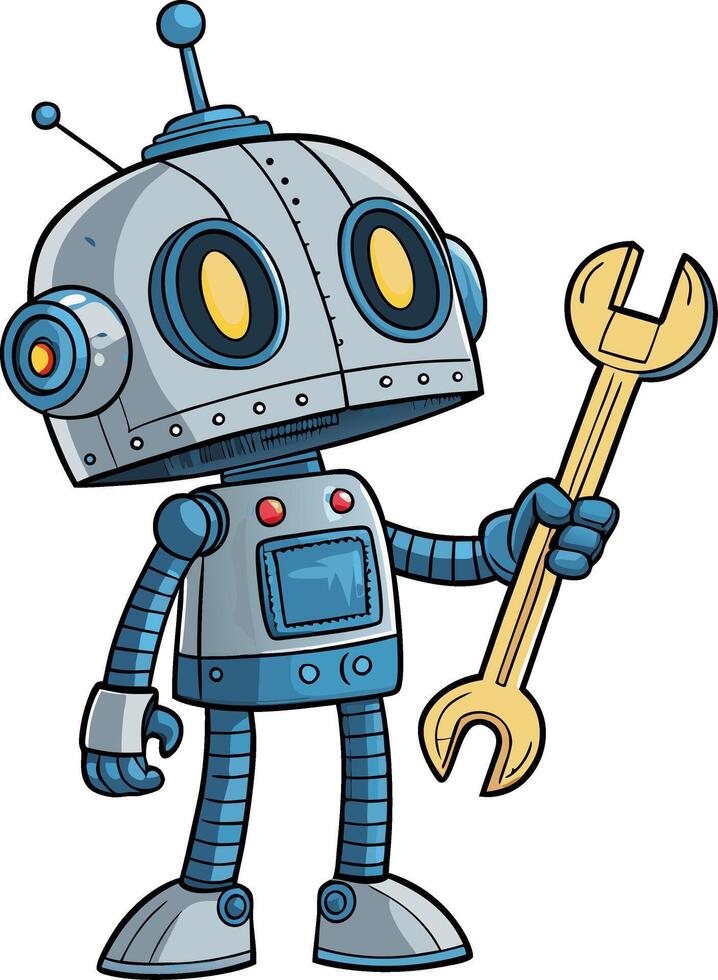 Cute Cartoon Robot Character Holding Wrench Ideal for Childrens Designs and Educational Materials vector
