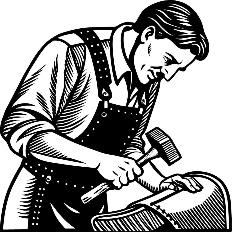 Blacksmith Working on Metal with Hammer in Traditional Workshop Illustration vector