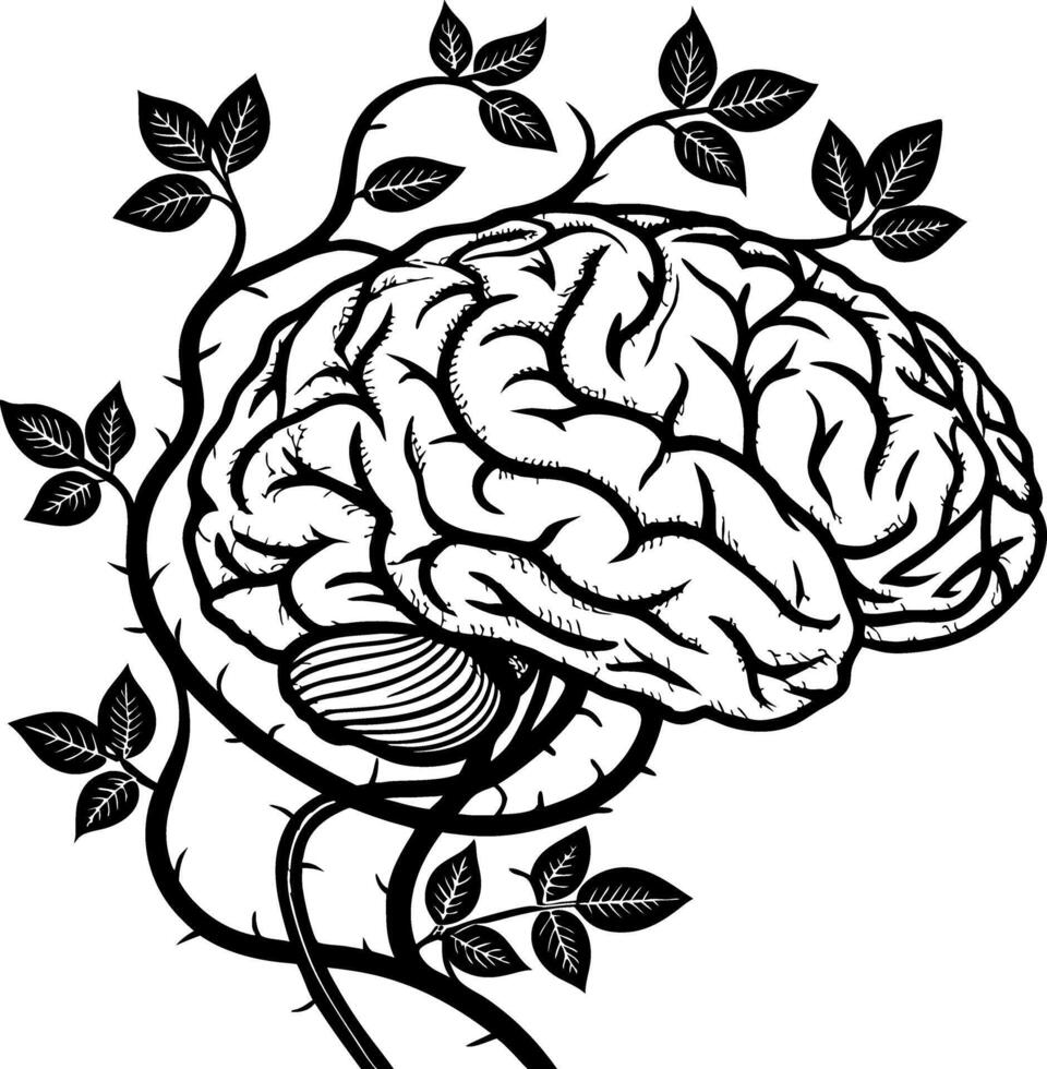 Intricate Brain Design Wrapped in Vines and Leaves for T-shirt or Tattoo Inspiration vector