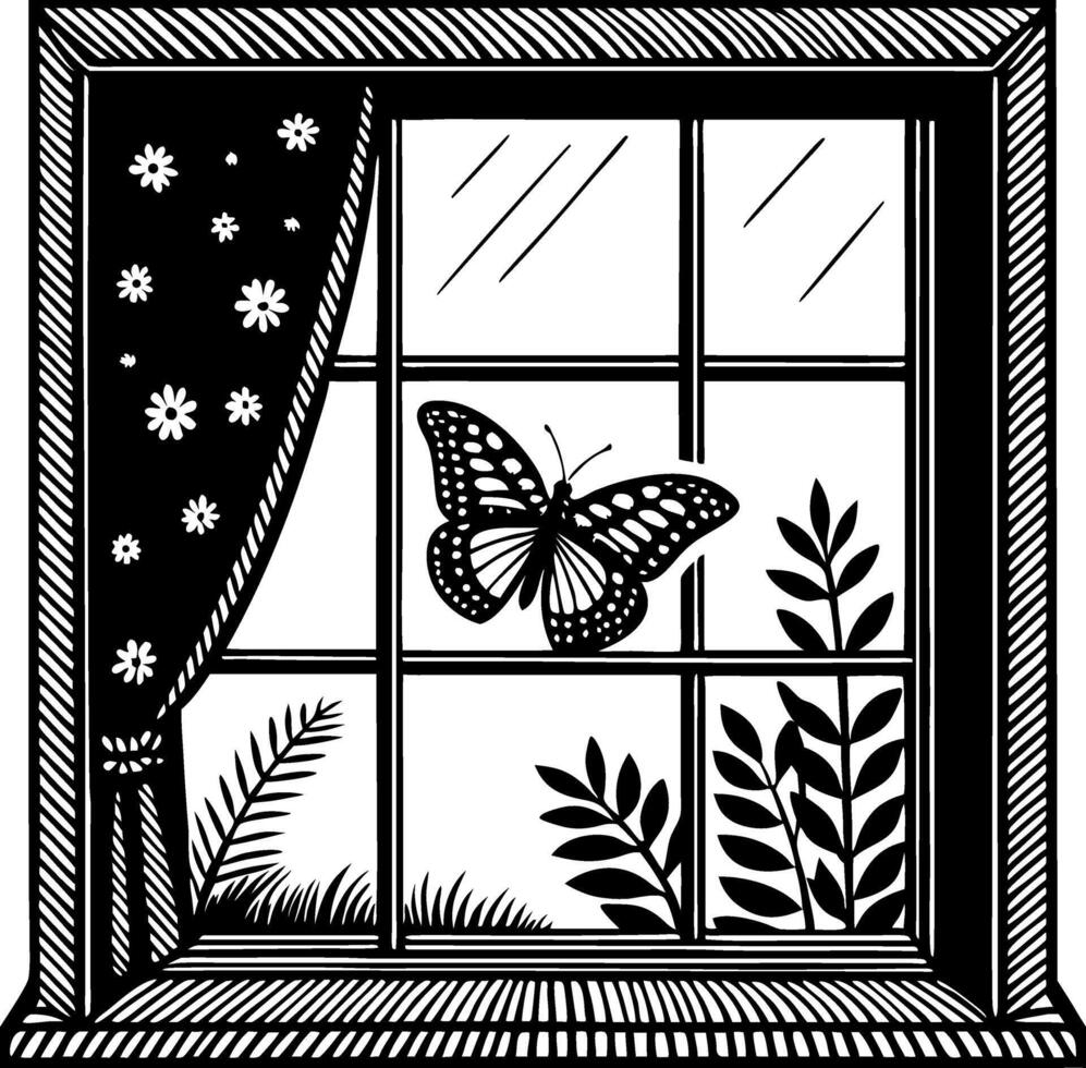 Butterfly in Window with Floral Curtain Illustrating Nature and Tranquility for Art Projects vector