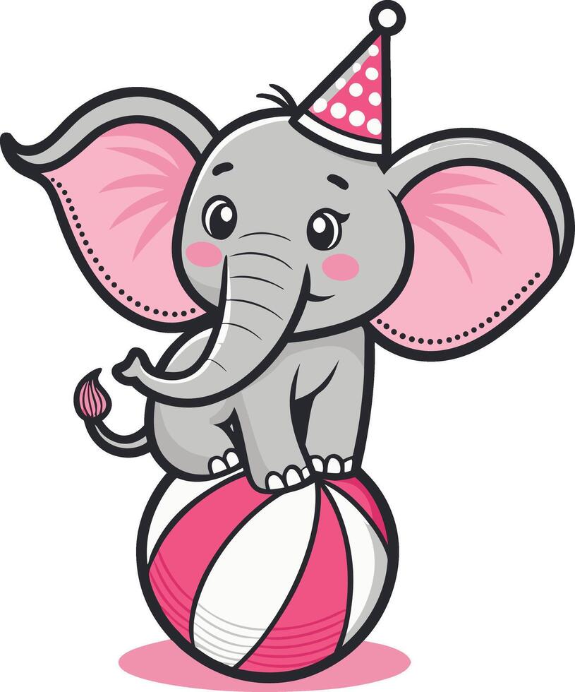 Cute Cartoon Elephant Balancing on Beach Ball with Party Hat vector