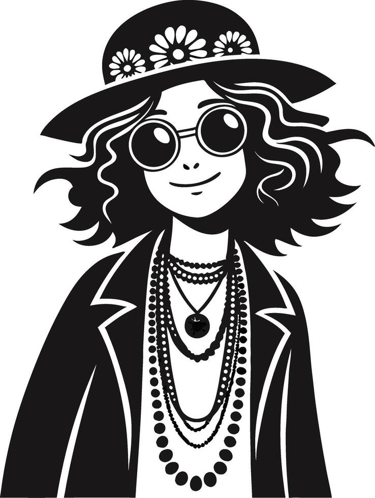 Chic Retro Girl in Hat with Sunglasses Bohemian Style Illustration for Fashion Design vector