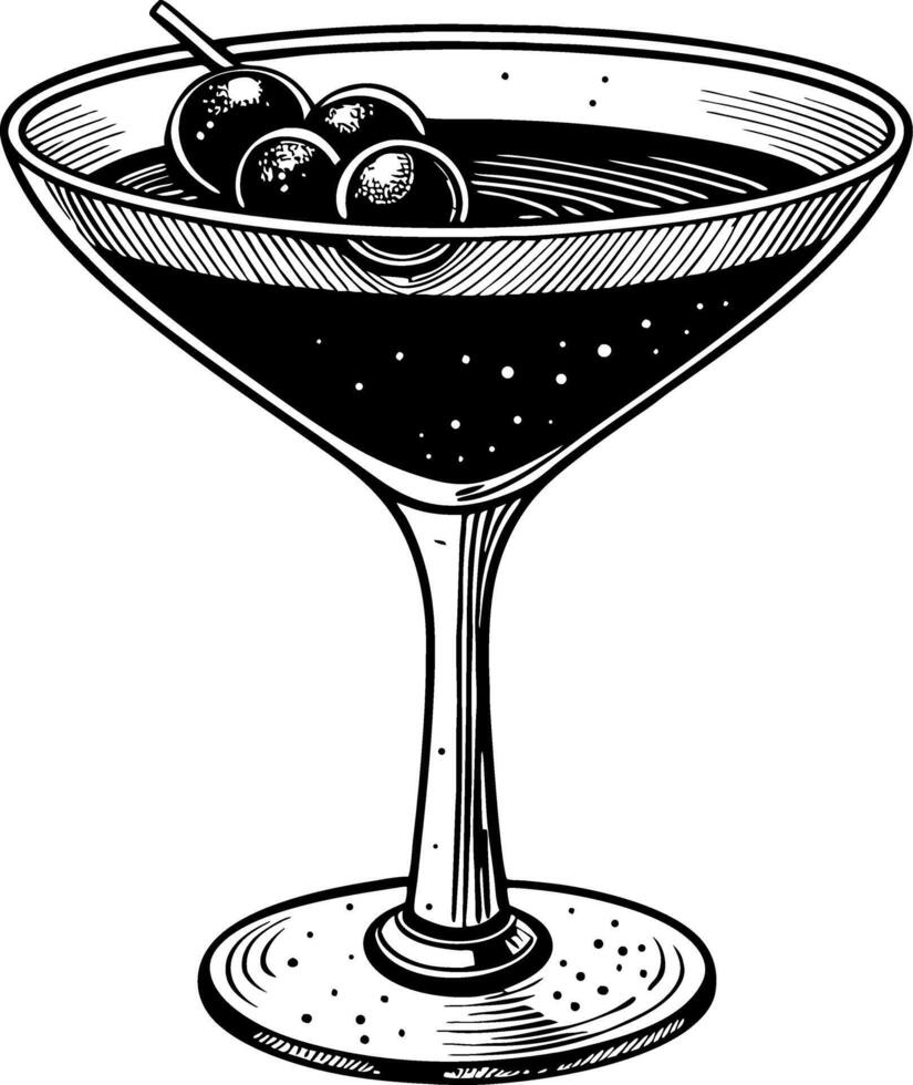 Classic Cocktail Glass with Three Olives and Black Liquid Perfect for Bar and Restaurant Decor vector