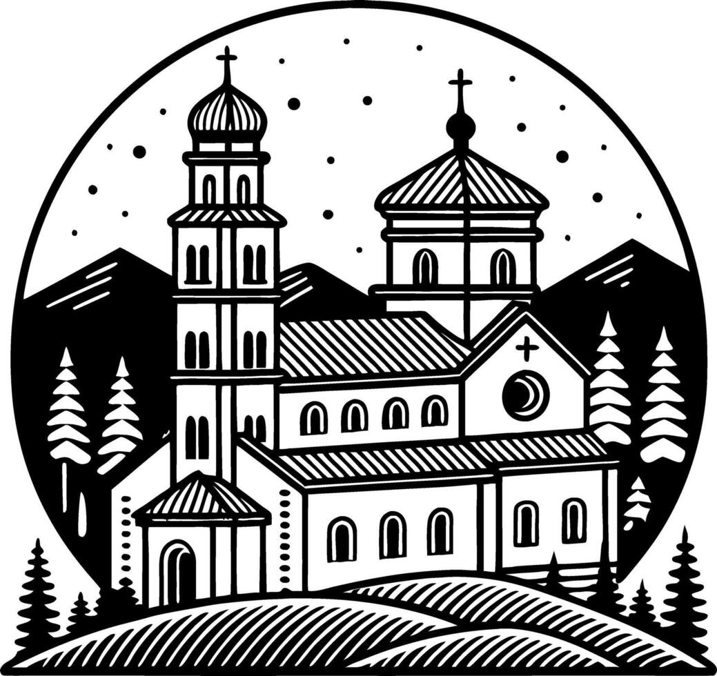 Mountain Church Scene with Pine Trees and Night Sky for Nature Art and Tattoo Design vector