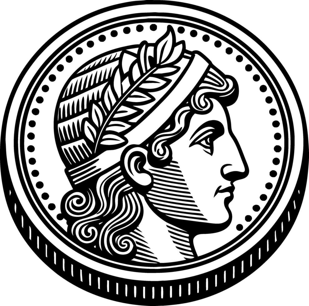 Ancient Roman Coin Design Featuring Detailed Profile of Laurel Crowned Emperor Head vector