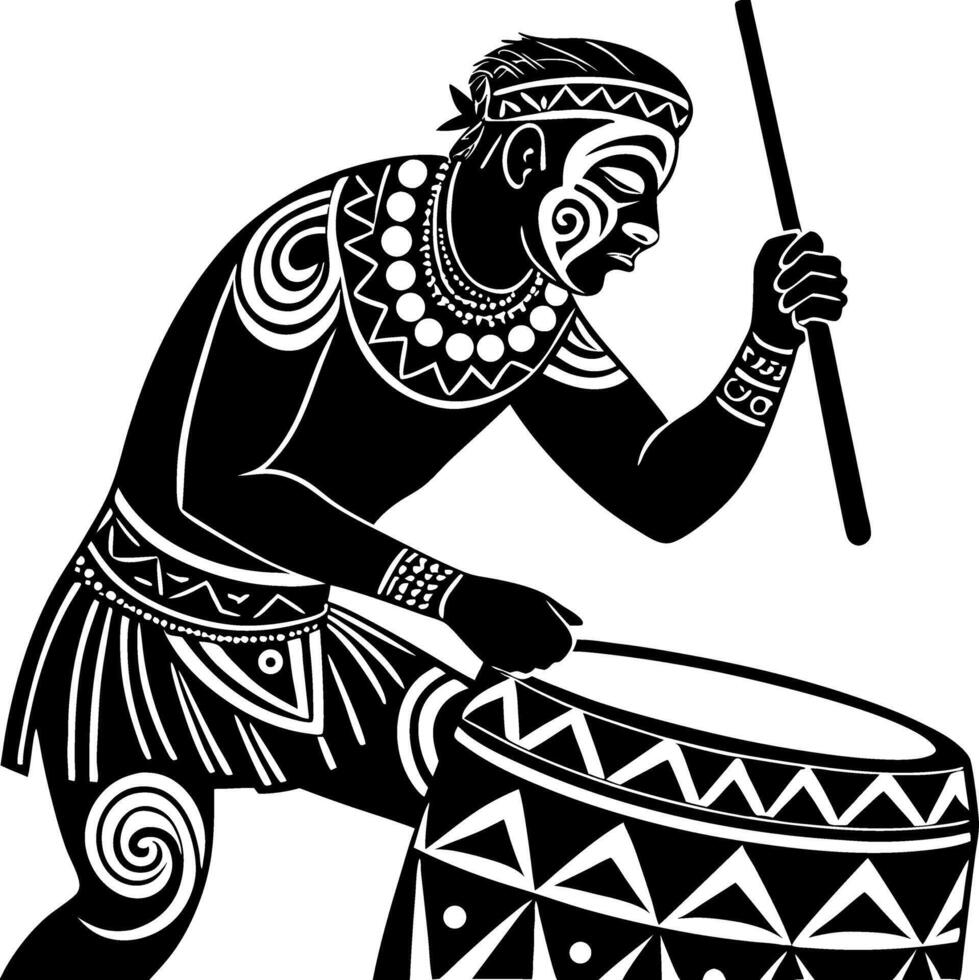 Intricate African Drum Dancer Celebrating Culture and Rhythm in Black and White Art vector