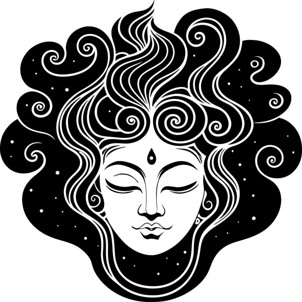 Meditative Woman Face with Spiraled Hair and Spiritual Elements for Tattoo or Coloring Design vector