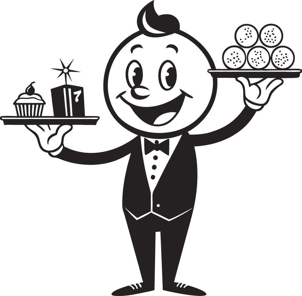 Cheerful Cartoon Waiter Serving Desserts with Cupcake Gift Box and Sweets for Celebrations vector