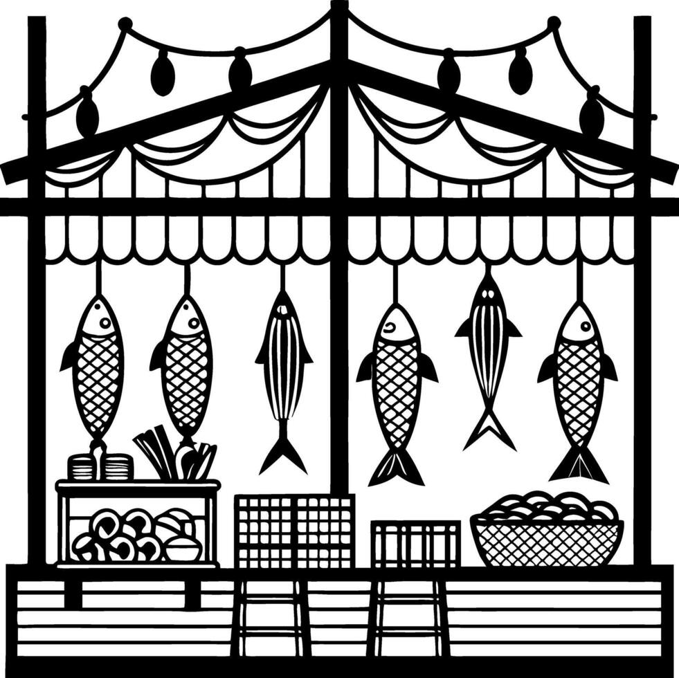 Traditional Fish Market Stall with Hanging Fish and Fresh Seafood for Culinary Designs vector