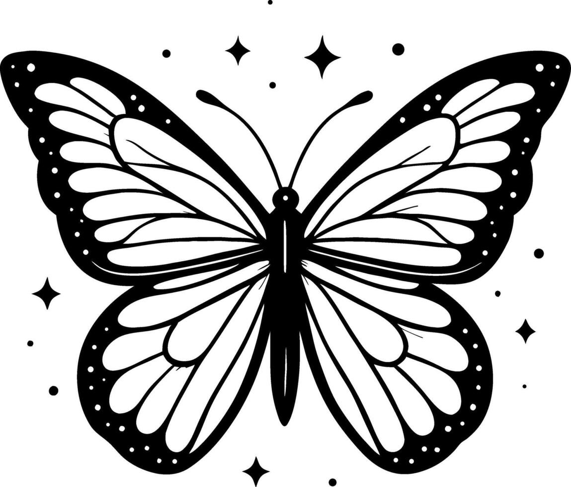Elegant Black Butterfly Design with Stars Ideal for Tattoo and Coloring Book Creations vector