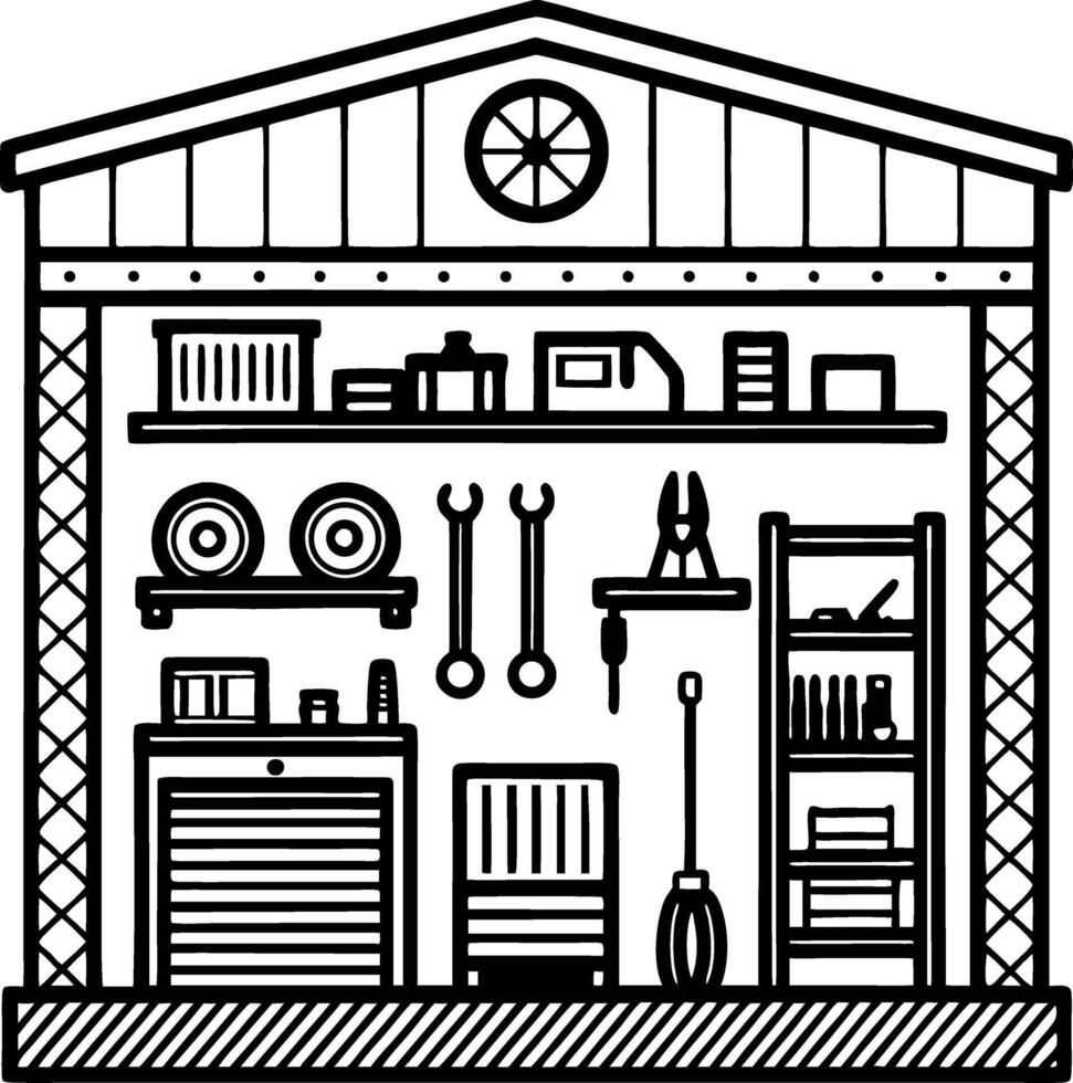 Detailed Illustration of a Tool Shed Interior Featuring Shelves Tools and Storage Boxes vector