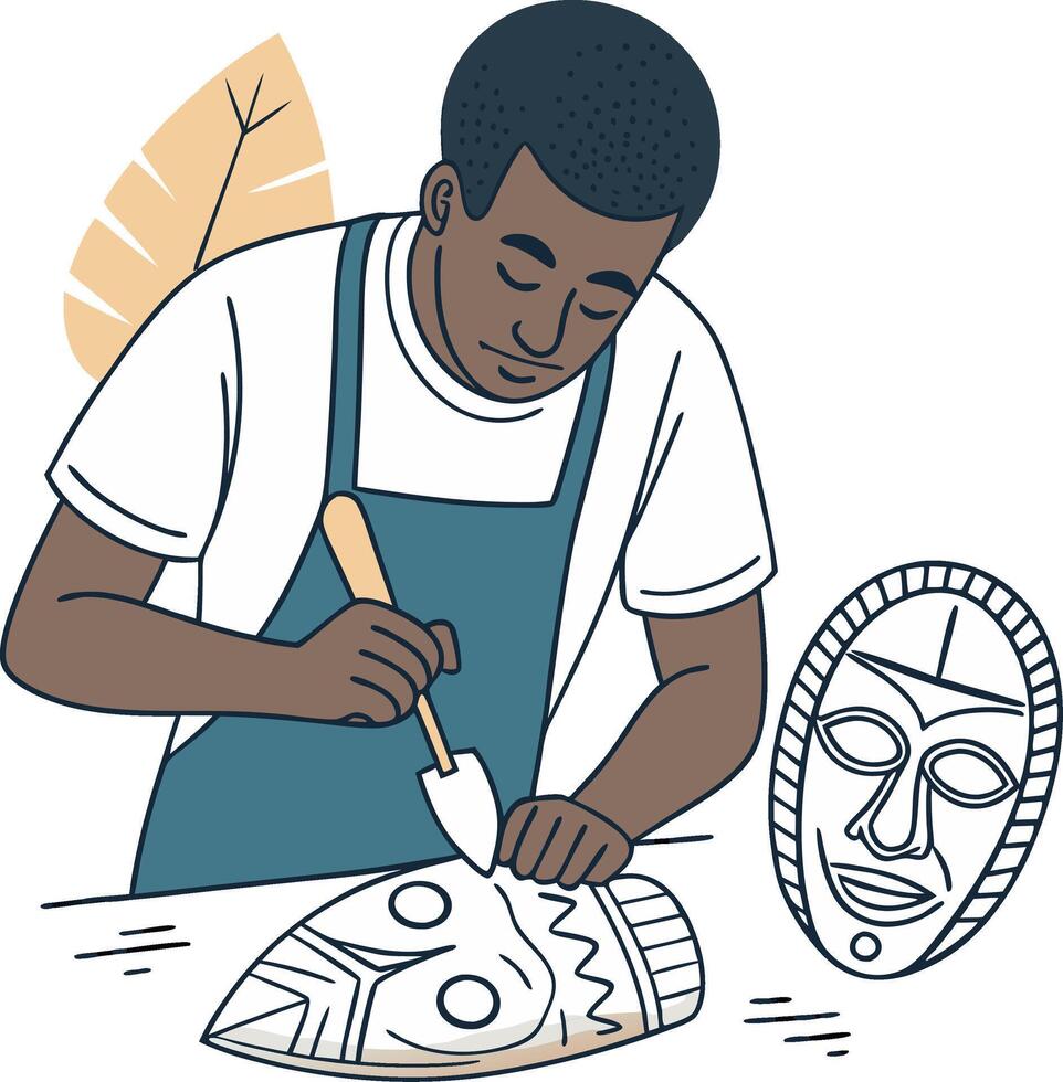Craftsman Carving Traditional Wooden Mask with Tools and Artistic Detail vector
