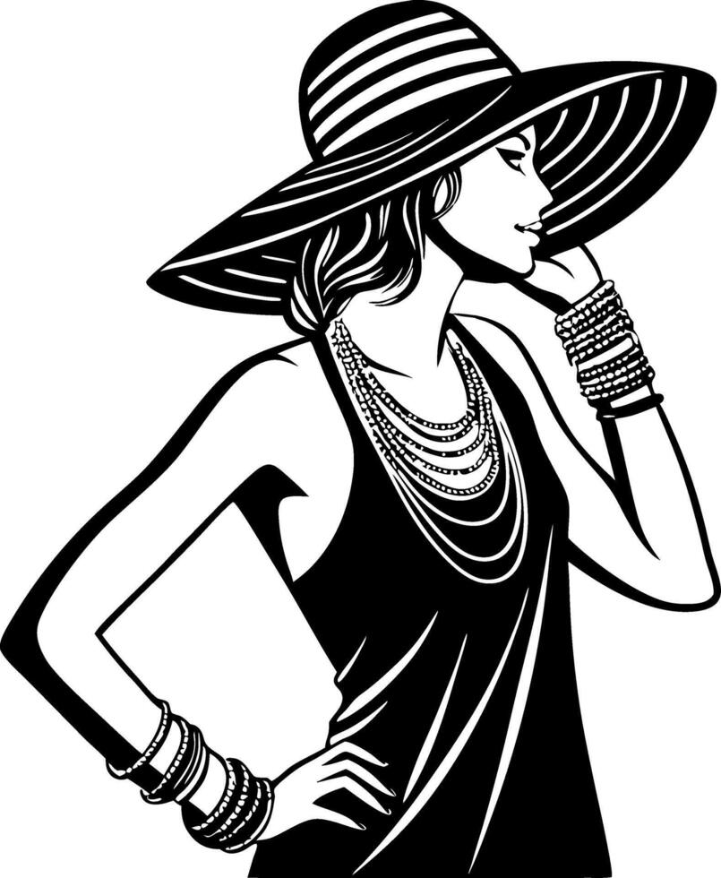 Elegant Fashionable Woman in Wide Brim Hat Displaying Jewelry and Sophisticated Style vector