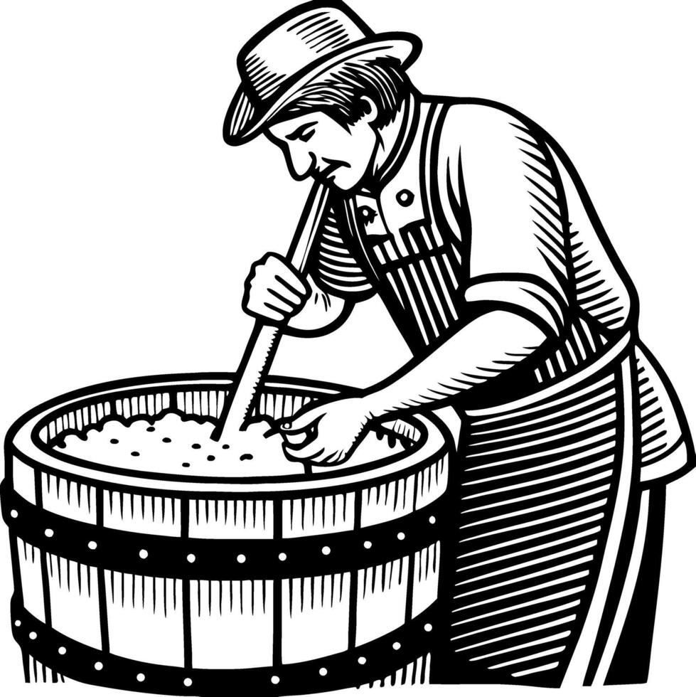 Vintage Man Stirring Ingredients in Wooden Barrel Traditional Craft Cooking Illustration vector