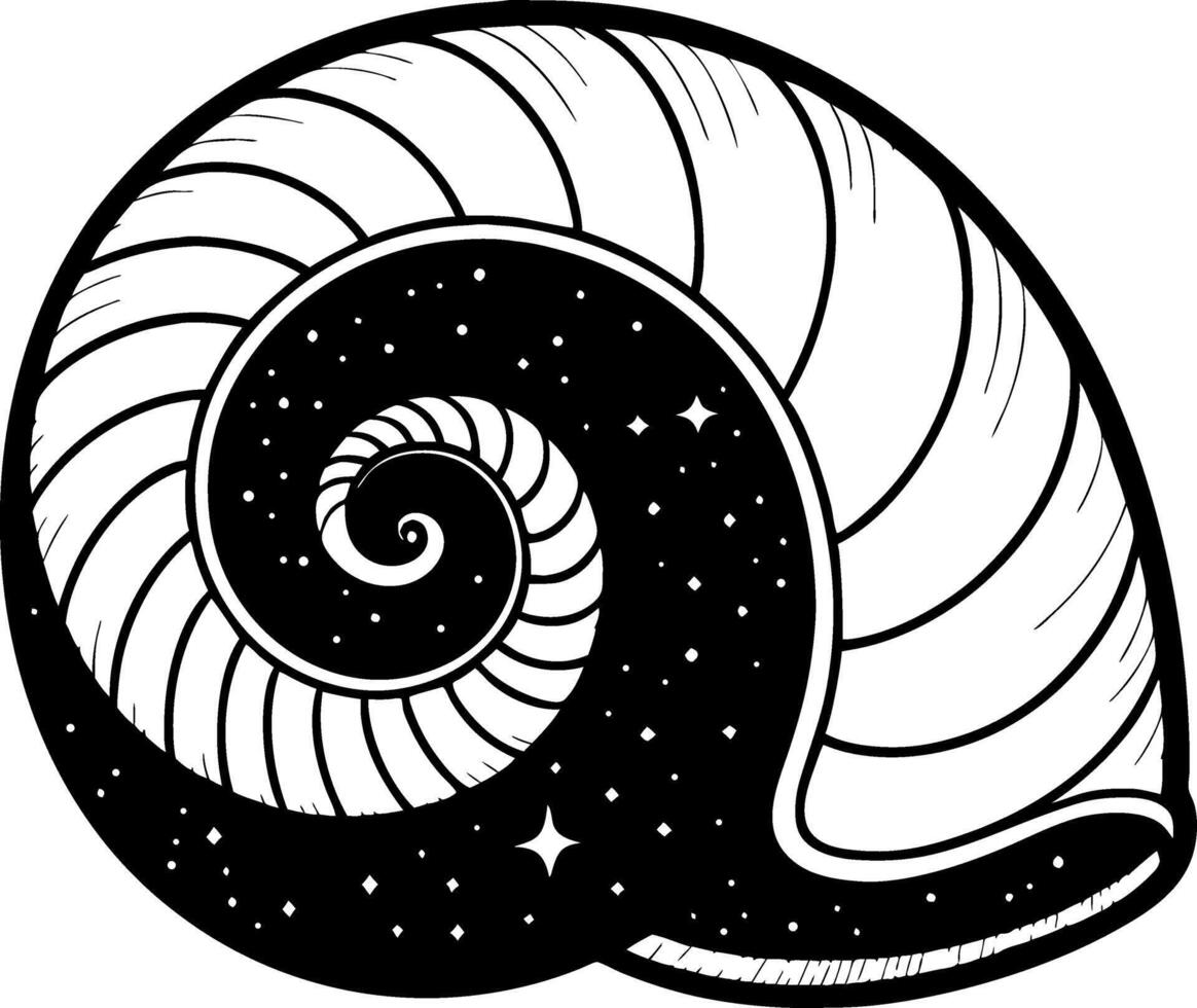 Cosmic Nautilus Shell Design with Starry Background for Tattoos and Coloring Books vector