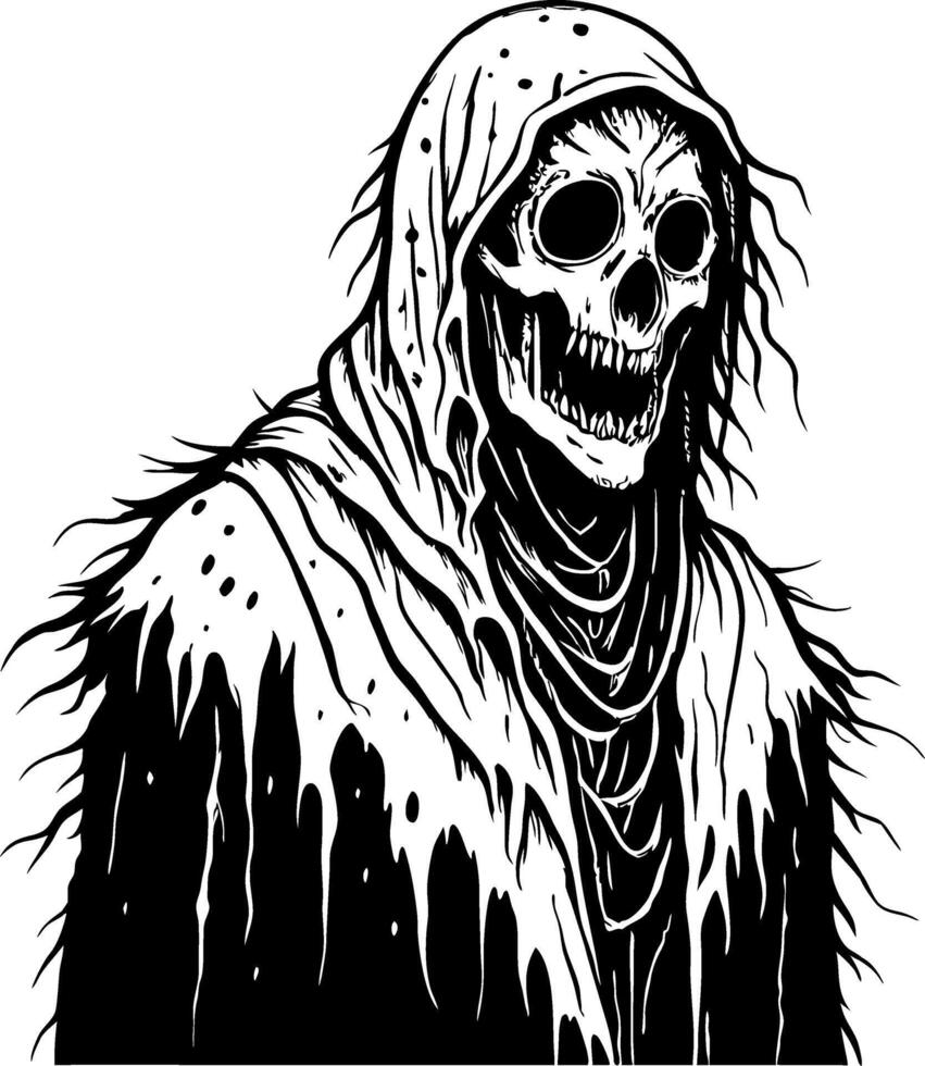 Haunting Skeleton Character in Tattered Hooded Cloak for Halloween Art and Tattoo Designs vector