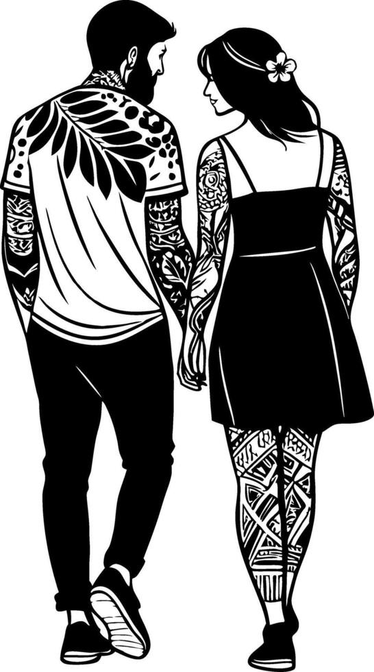 Stylish Couples Walking Together with Intricate Tattoos for Fashion and Relationship Themes vector