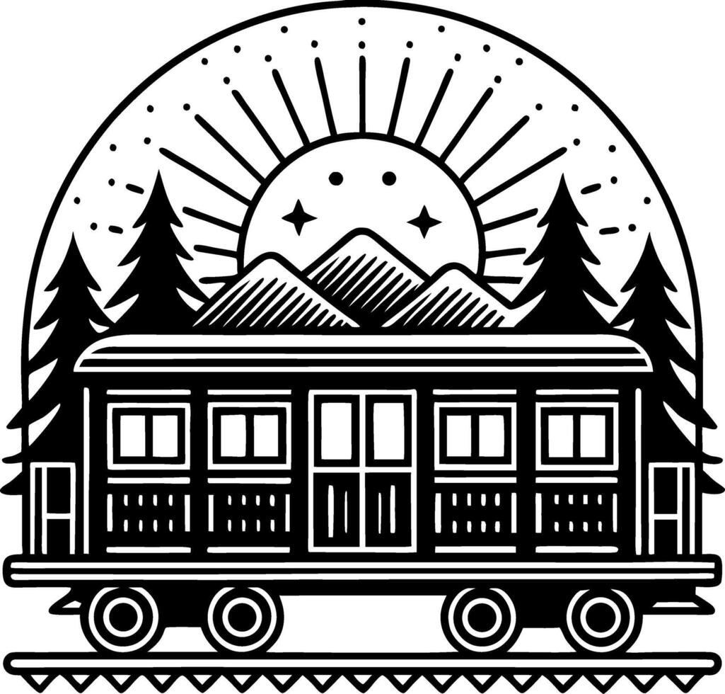 Mountain Sunrise Train Cabin with Trees and Rays for Nature Lovers and Outdoor Enthusiasts vector