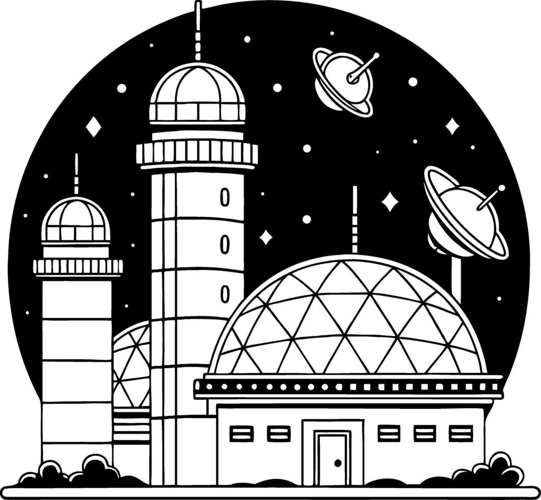 Futuristic Observatory with Telescopes and Planets in Outer Space for Art Designs and Prints vector