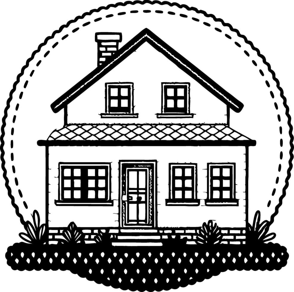 Charming Outline of a Cozy House Surrounded by Lush Greenery Ideal for Home Decor and Crafts vector