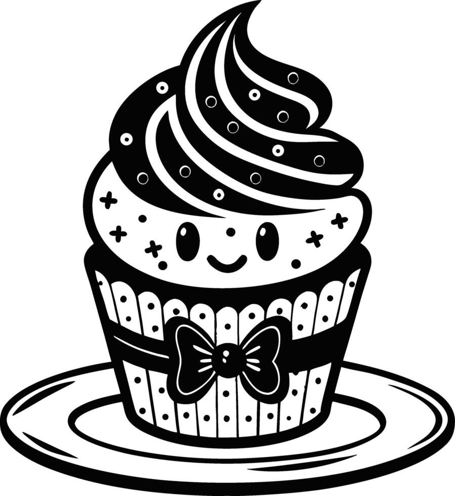 Cute Smiling Cupcake Illustration Perfect for Coloring Books and Fun Designs vector