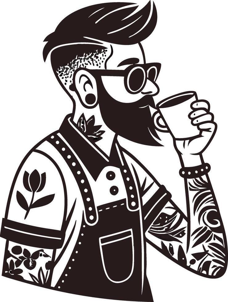 Stylish Bearded Man with Tattoos Drinking Coffee in Retro Outfit for Tattoo Designs and Artwork vector