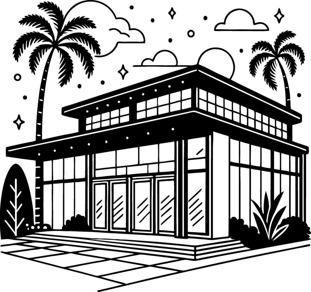 Modern House Design with Palm Trees and Clouds for Coloring Book or Tattoo Inspiration vector