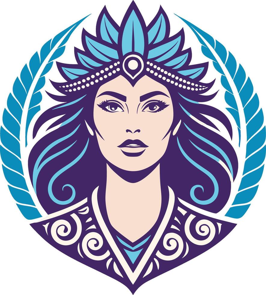 Majestic Woman with Leaf Crown and Elegant Hair Pattern for Tattoo and Illustration Design vector