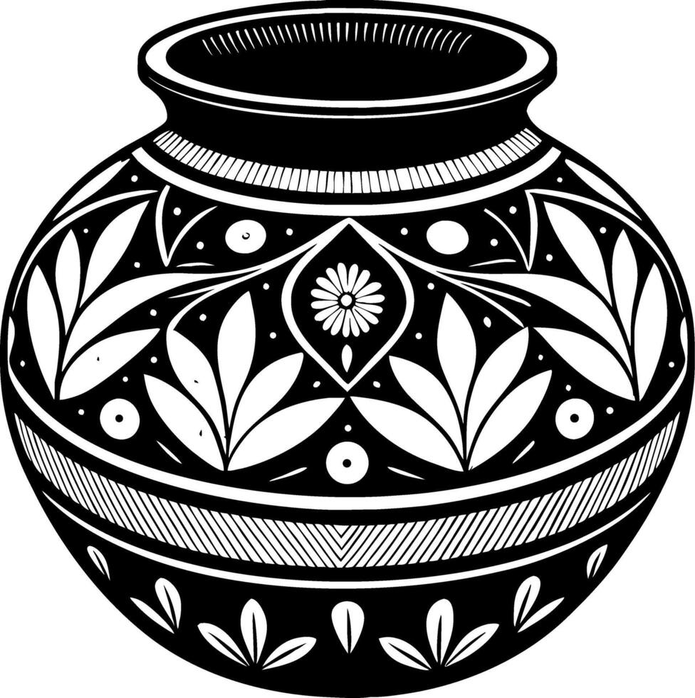 Intricate Decorative Pot Design with Floral Patterns for Tattoo and Coloring Projects vector