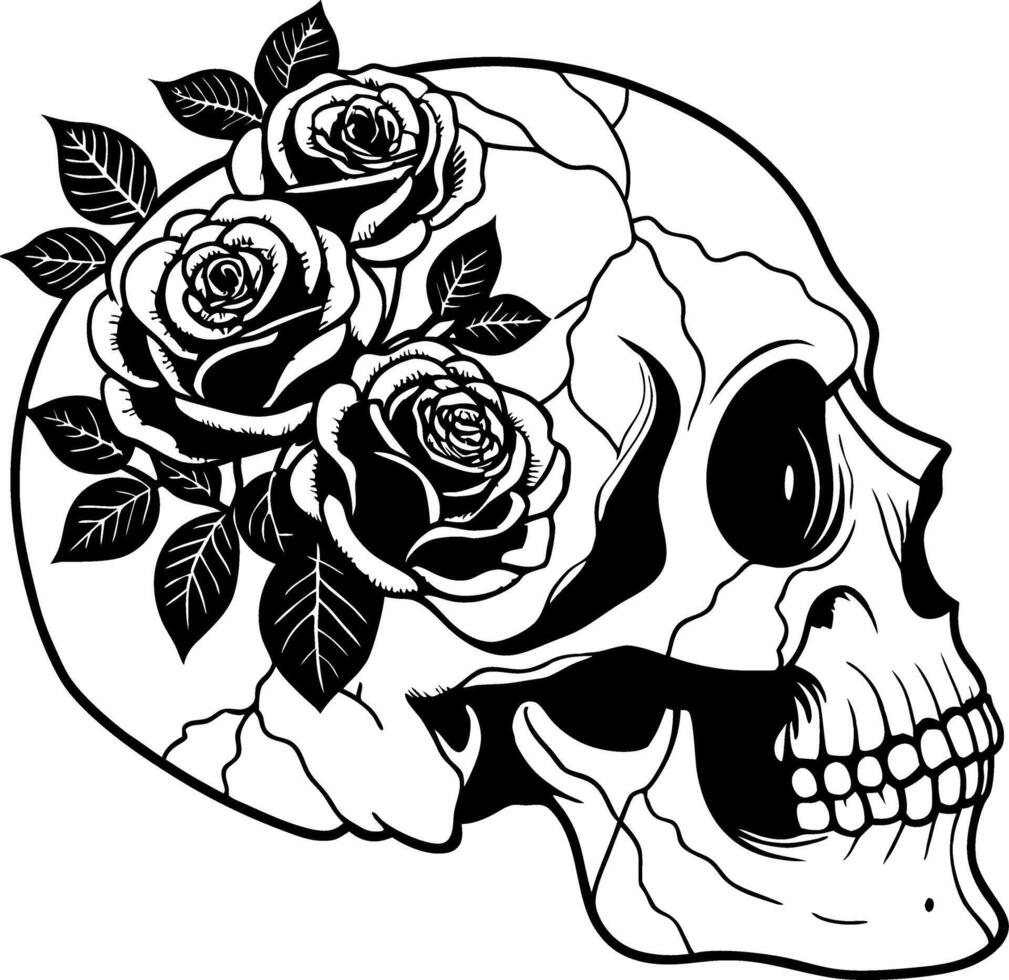 Skull with Roses Floral Design for Tattoo and Coloring Book Inspirations vector
