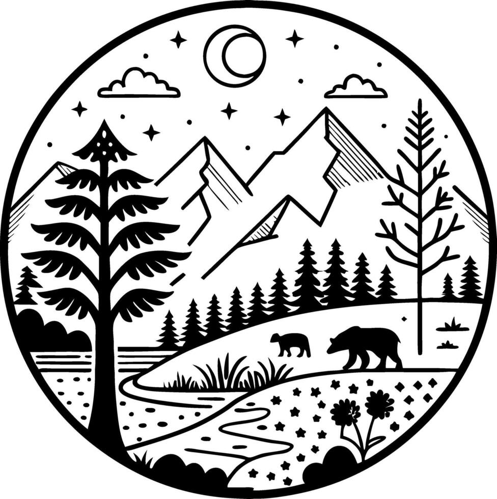 Mountain Landscape with Trees River and Bear in Circular Design for Tattoos and Coloring Books vector