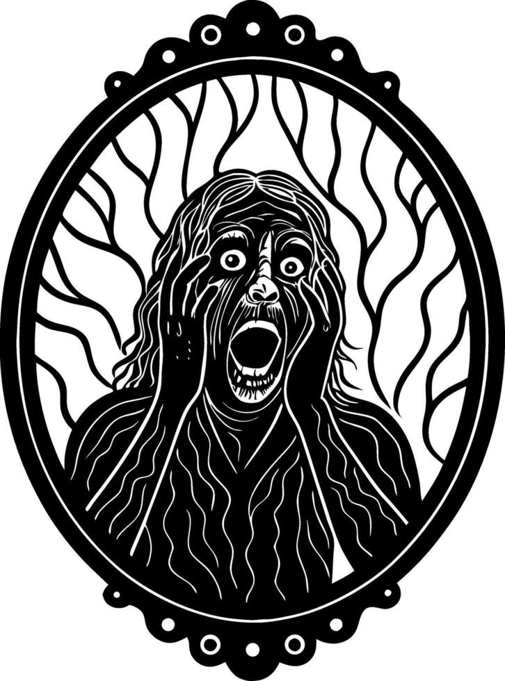 Screaming Woman in Mirror Artwork Embodying Fear and Distress for Horror Themes and Tattoos vector