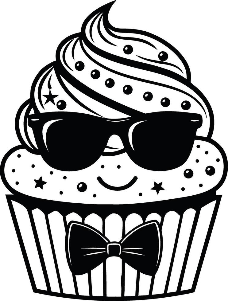 Cool Sunglasses Cupcake with Bowtie Cute Smiling Character for Party Decorations and Printables vector