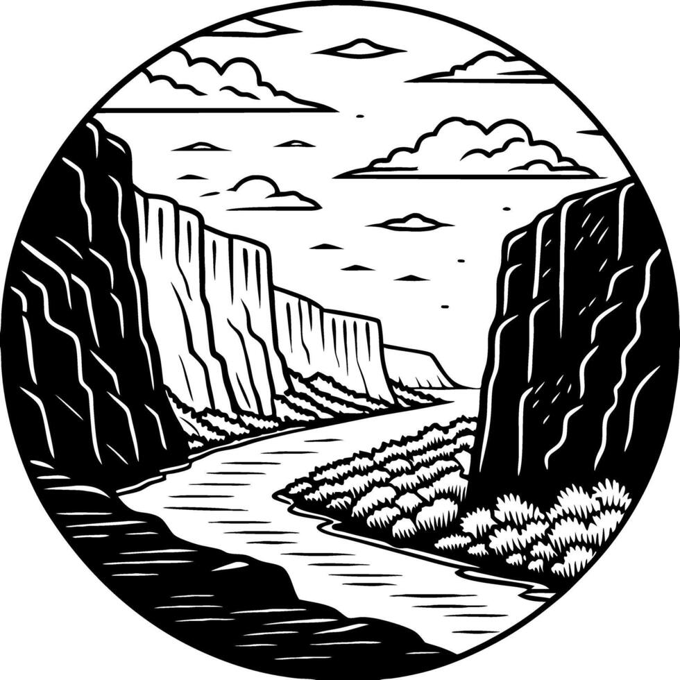 Mountain River Landscape within Circular Frame for Nature Themed Design Applications vector