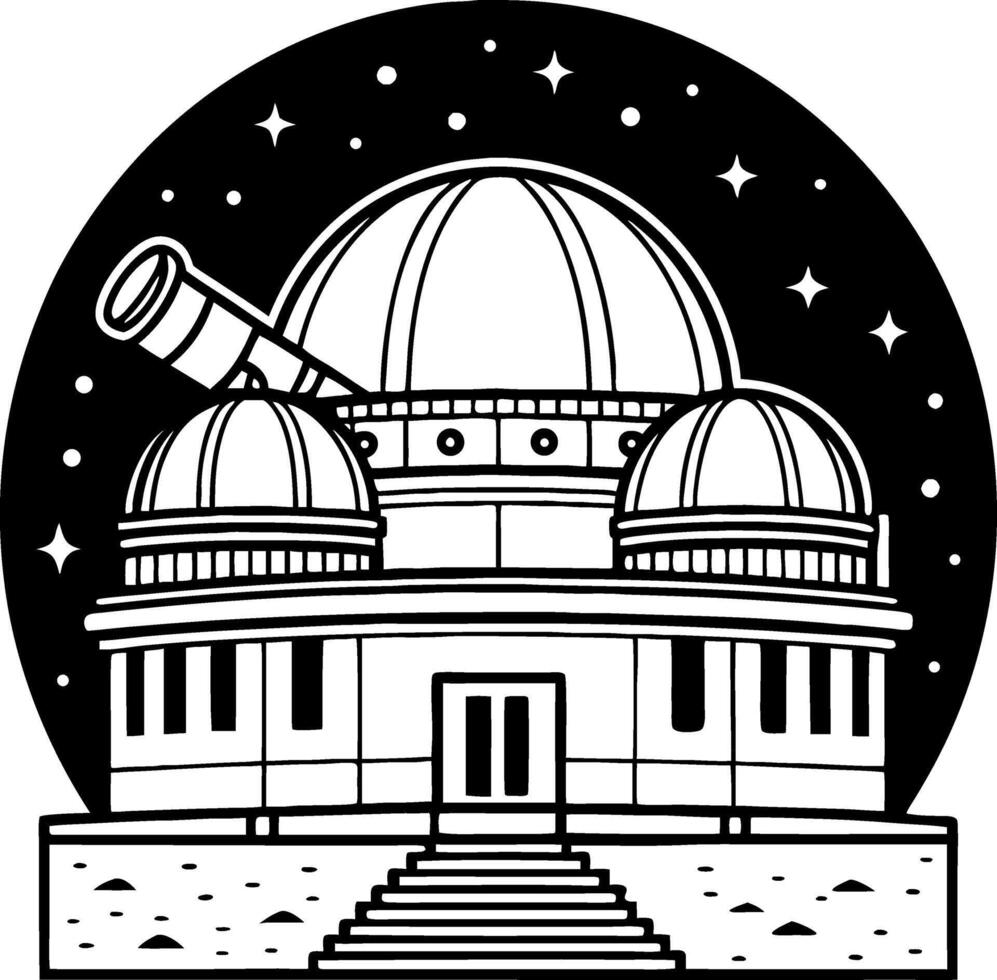 Astronomical Observatory with Telescope Surrounded by Stars and Night Sky for Educational Use vector