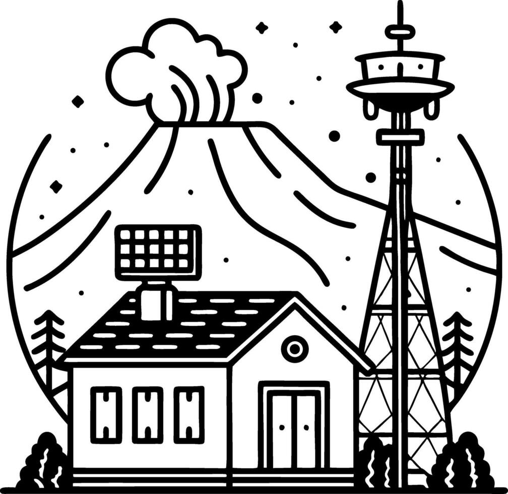 Volcano Erupting Over Solar Powered House and Communication Tower in a Nature Landscape vector